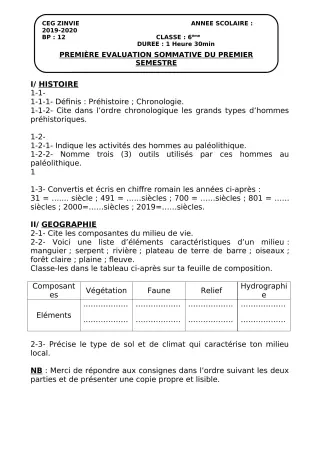 Première page de Histoire-Géographie 6e, 5e, 4e, 4e ML, 3e, 3e ML, 2nde A, 2nde A2, 2nde B, 2nde C, 2nde D, 1ère A, 1ère C, 1ère D, Tle A1, Tle A2, Tle C, Tle D — 1re évaluation sommative, 1er semestre (2019-2020) · C