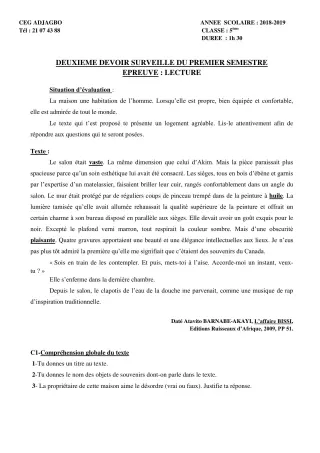 Première page de Français 5e — 2e devoir surveillé, 1er semestre (2018-2019) · CEG ADJAGBO