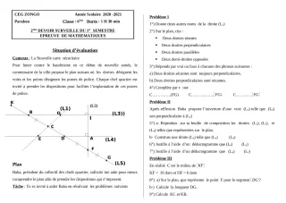 Première page de Mathématiques 6e — 2e devoir surveillé, 1er semestre (2020-2021) · CEG ZONGO