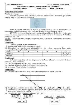 Première page de Mathématiques 6e — 1er devoir surveillé, 1er semestre (2019-2020) · CEG MAREGOUROU