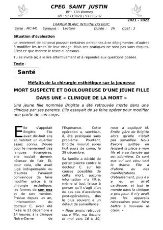 Première page de Examen Blanc de FRANCAIS — 3e — CPEG SAINT Justin (2021)