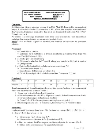 Première page de Mathématiques 2nde D — 2e devoir surveillé, 2e semestre (2021-2022) · CEG2 ABOMEY - CALAVI (CEG ZOCA)