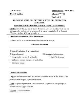 Première page de Histoire-Géographie 2nde C, 2nde D — 1er devoir surveillé, 2e semestre (2018-2019) · CEG PAHOU
