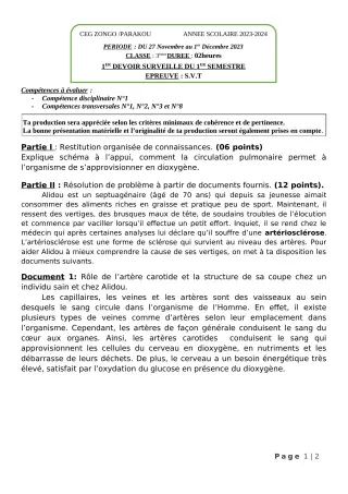 Première page de SVT 3e — 1er devoir surveillé, 1er semestre (2023-2024) · CEG ZONGO