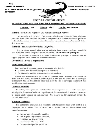 Première page de SVT Tle C — 1re évaluation sommative, 1er semestre (2019-2020) · CEG Dantokpa