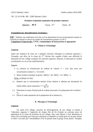 Première page de PCT 6e, 5e, 4e, 3e — 1re évaluation sommative, 1er semestre (2019-2020) · CEG3 ABOMEY CALAVI
