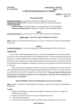 Première page de Philosophie 1ère C, 1ère D — 1er devoir surveillé, 1er semestre (2020-2021) · CEG PAHOU