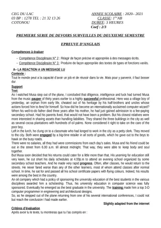 Première page de Anglais 1ère A2, 1ère B — 1er devoir surveillé, 2e semestre (2020-2021) · CEG du Lac