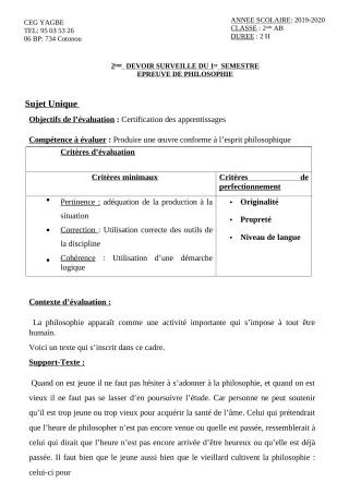 Première page de Philosophie 2nde A, 2nde A1, 2nde A2 — 2e devoir surveillé, 1er semestre (2019-2020) · CEG Yagbe