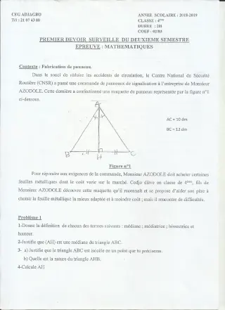 Première page de Mathématiques 4e, 4e ML — 1er devoir surveillé, 2e semestre (2018-2019) · CEG ADJAGBO