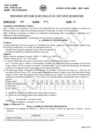 Première page de PCT 1ère C — 1er devoir surveillé, 2e semestre (2023-2024) · CEG Yagbe