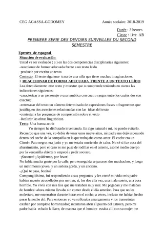 Première page de Espagnol 1ère A, 1ère B — 1er devoir surveillé, 2e semestre (2018-2019) · CEG Agassa Godomey