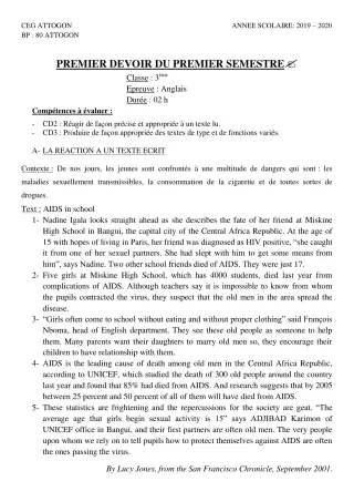 Première page de Anglais 3e, 3e ML — 1er devoir surveillé, 1er semestre (2019-2020) · CEG Attogon