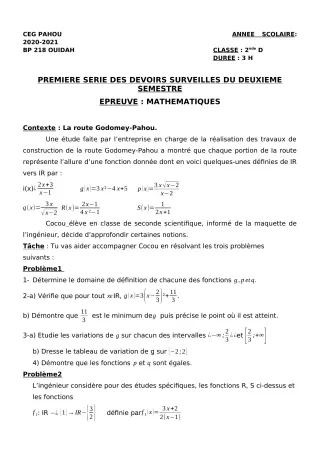 Première page de Mathématiques 2nde D — 1er devoir surveillé, 2e semestre (2020-2021) · CEG PAHOU