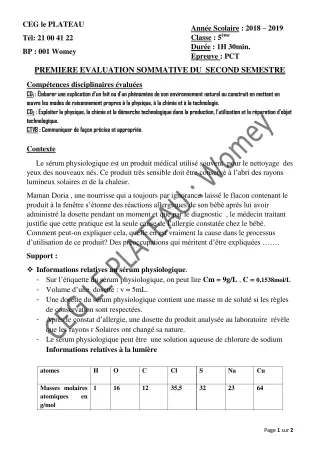 Première page de PCT 5e — 1re évaluation sommative, 2e semestre (2018-2019) · CEG Le Plateau