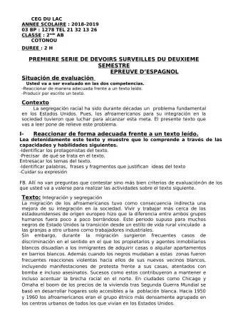 Première page de Espagnol 2nde A, 2nde B — 1er devoir surveillé, 2e semestre (2018-2019) · CEG du Lac