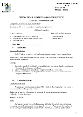 Première page de Histoire-Géographie 3e, 3e ML — 1er devoir surveillé, 1er trimestre (2019-2020) · CPEG ROSAIRE