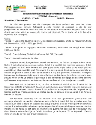 Première page de Français 1ère A2, 1ère D — 2e devoir surveillé, 1er semestre (2022-2023) · CEG SEKERE