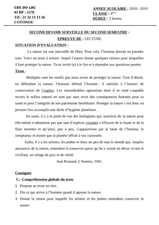 Première page de Français 4e — 2e devoir surveillé, 2e semestre (2018-2019) · CEG du Lac