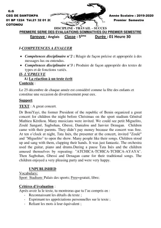 Première page de Anglais 5e — 1re évaluation sommative, 1er semestre (2019-2020) · CEG Dantokpa