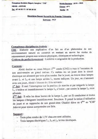 Première page de PCT 6e — 2e devoir surveillé, 1er trimestre (2019-2020) · CPEG SEGUIN SENGHOR
