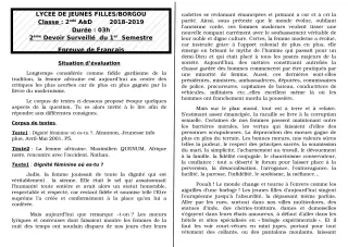 Première page de Français 6e, 5e, 4e ML&MC, 3e, 3e ML, 2nde A2, 2nde D, 1ère A2, 1ère D, Tle A2, Tle C, Tle D — 2e devoir surveillé, 1er semestre (2018-2019) · LJF-B/A