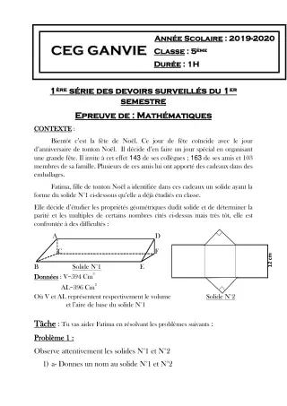 Première page de Mathématiques 5e — 1er devoir surveillé, 1er semestre (2019-2020) · CEG Ganvié