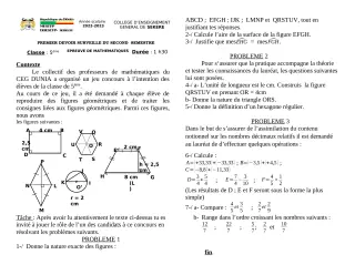 Première page de Mathématiques 5e — 1er devoir surveillé, 2e semestre (2022-2023) · CEG SEKERE