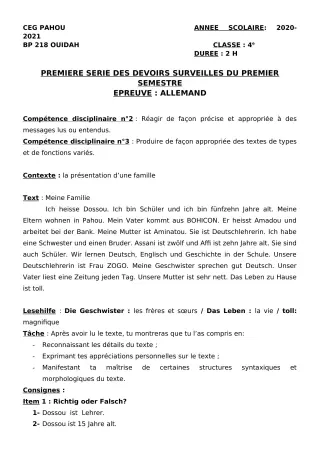 Première page de Allemand 4e — 1er devoir surveillé, 1er semestre (2020-2021) · CEG PAHOU