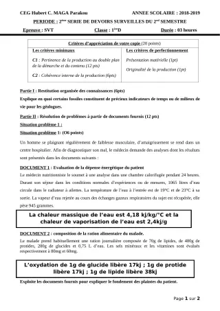 Première page de SVT 1ère D — 2e devoir surveillé, 2e semestre (2018-2019) · CEG Hubert C. MAGA