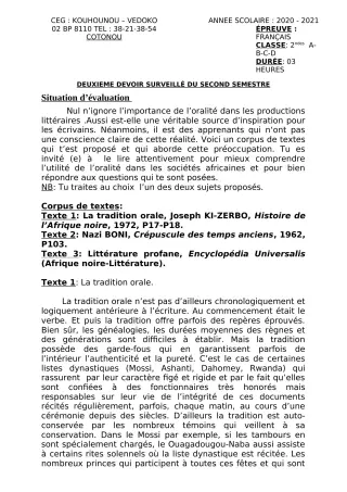 Première page de Français 2nde A1, 2nde A2, 2nde B, 2nde C, 2nde D — 2e devoir surveillé, 2e semestre (2020-2021) · CEG Kouhounou-Vêdoko