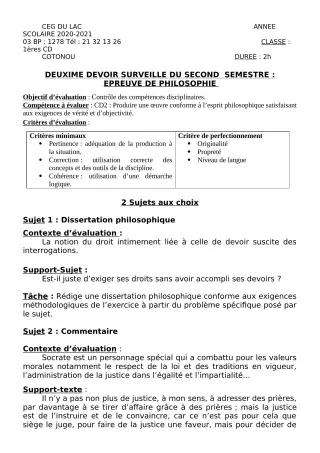 Première page de Philosophie 1ère C, 1ère D — Devoir surveillé, 2e semestre (2020-2021) · CEG du Lac