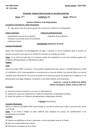 Première page de Histoire-Géographie 4e — 2e production scolaire, 2e semestre (2019-2020) · CEG Igbo-ocho