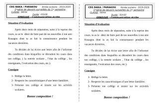 Première page de Français 6e — Devoir surveillé, 1er semestre (2019-2020) · CEG BAKA