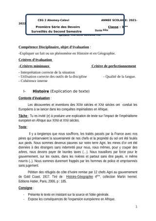 Première page de Histoire-Géographie 3e — 1er devoir surveillé, 2e semestre (2021-2022) · CEG2 ABOMEY - CALAVI (CEG ZOCA)