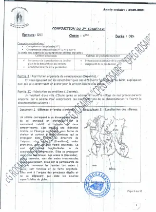 Première page de SVT 4e — 1re composition (2020-2021) · CPEG ROSAIRE