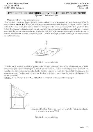 Première page de Mathématiques 1ère D — 1er devoir surveillé, 1er semestre (2019-2020) · CEG 1 Akpakpa-Centre