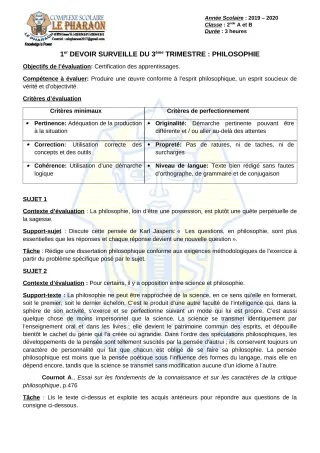 Première page de Philosophie 2nde A, 2nde B — 1er devoir surveillé, 3e trimestre (2019-2020) · CPEG LE PHARAON