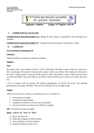 Première page de Anglais 6e, 5e, 4e ML&MC, 3e, 3e ML, 2nde A & B, 2nde C, 2nde D, 1ère A, 1ère B, 1ère C, 1ère D, Tle A2, Tle B, Tle C, Tle D — Devoir surveillé, 1er semestre (2018-2019) · CEG Sainte Rita