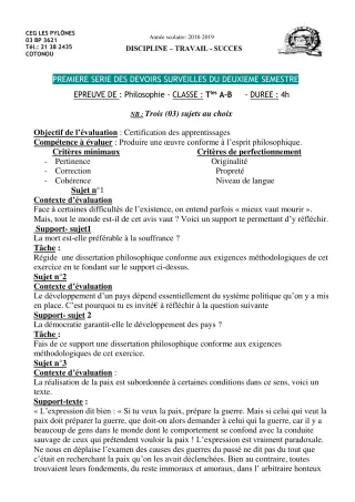 Première page de Philosophie 2nde A & B, 2nde C, 2nde D, 1ère A2, 1ère B, 1ère C, 1ère D, Tle A2, Tle B, Tle C, Tle D — 1er devoir surveillé, 2e semestre (2018-2019) · CEG Les Pylônes