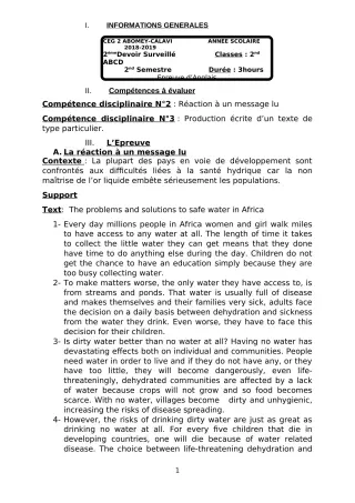 Première page de Anglais 2nde A, 2nde B, 2nde C, 2nde D — Devoir surveillé, 2e semestre (2018-2019) · CEG2 ABOMEY - CALAVI (CEG ZOCA)