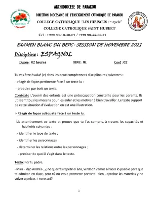 Première page de Examen Blanc de ESPAGNOL — 3e — Hibiscus 1er cycle (2021)