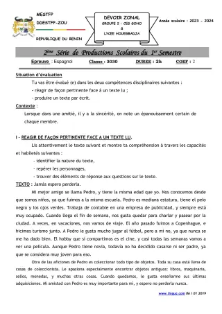 Première page de Espagnol 3e — 2e production scolaire, 1er semestre (2023-2024) · CEG GOHO