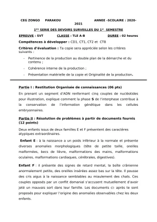 Première page de SVT Tle A1, Tle A2, Tle B — 1er devoir surveillé, 1er semestre (2020-2021) · CEG ZONGO