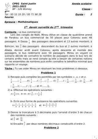 Première page de Mathématiques 4e — 1er devoir surveillé, 2e trimestre (2021-2022) · CPEG SAINT Justin