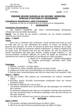 Première page de Histoire-Géographie 5e — 1er devoir surveillé, 2e semestre (2020-2021) · CEG du Lac