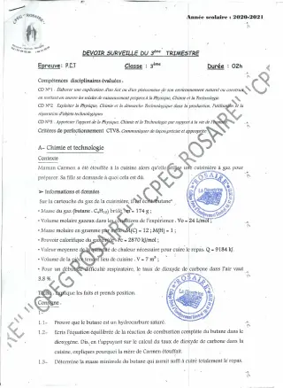 Première page de PCT 3e — 1er devoir surveillé (2020-2021) · CPEG ROSAIRE