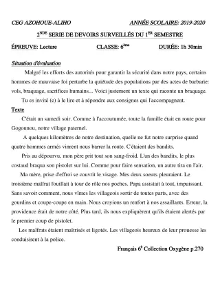 Première page de Français 6e, 5e — 1er semestre (2019-2020) · CEG AZOHOUE-ALIHO