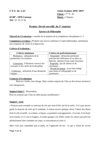 Première page de Philosophie 1ère C, 1ère D — 1er devoir surveillé, 1er semestre (2018-2019) · CEG du Lac