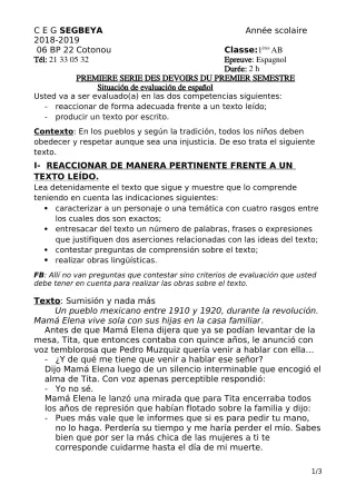Première page de Espagnol 1ère A1, 1ère A2, 1ère B — 1er devoir surveillé, 1er semestre (2018-2019) · CEG SEGBEYA